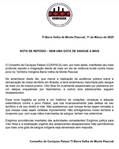 NOTA DE REPÚDIO • Conselho de Caciques Pataxó TI Barra Velha de Monte Pascoal.