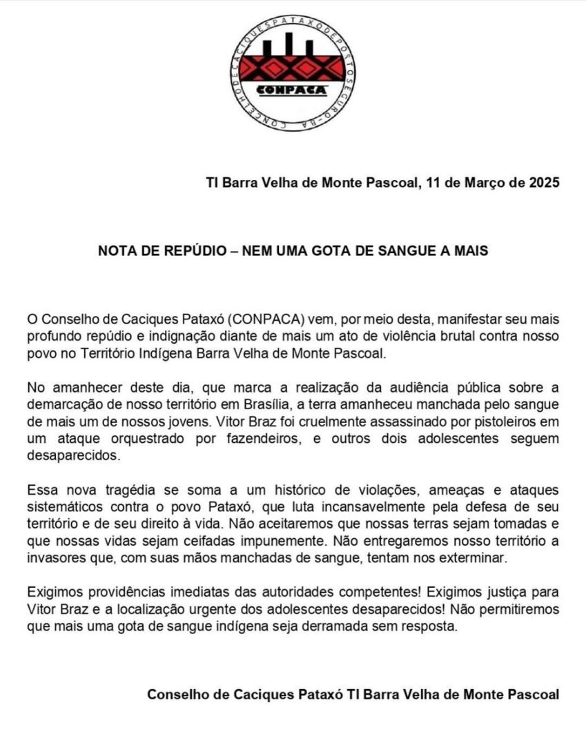 NOTA DE REPÚDIO • Conselho de Caciques Pataxó TI Barra Velha de Monte Pascoal.