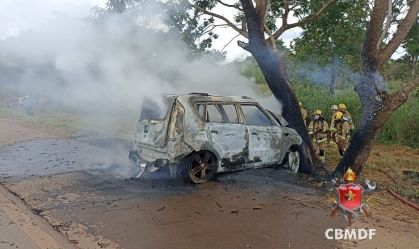 Carro em zigue-zague bate em árvore, pega fogo e dois morrem em Brasília