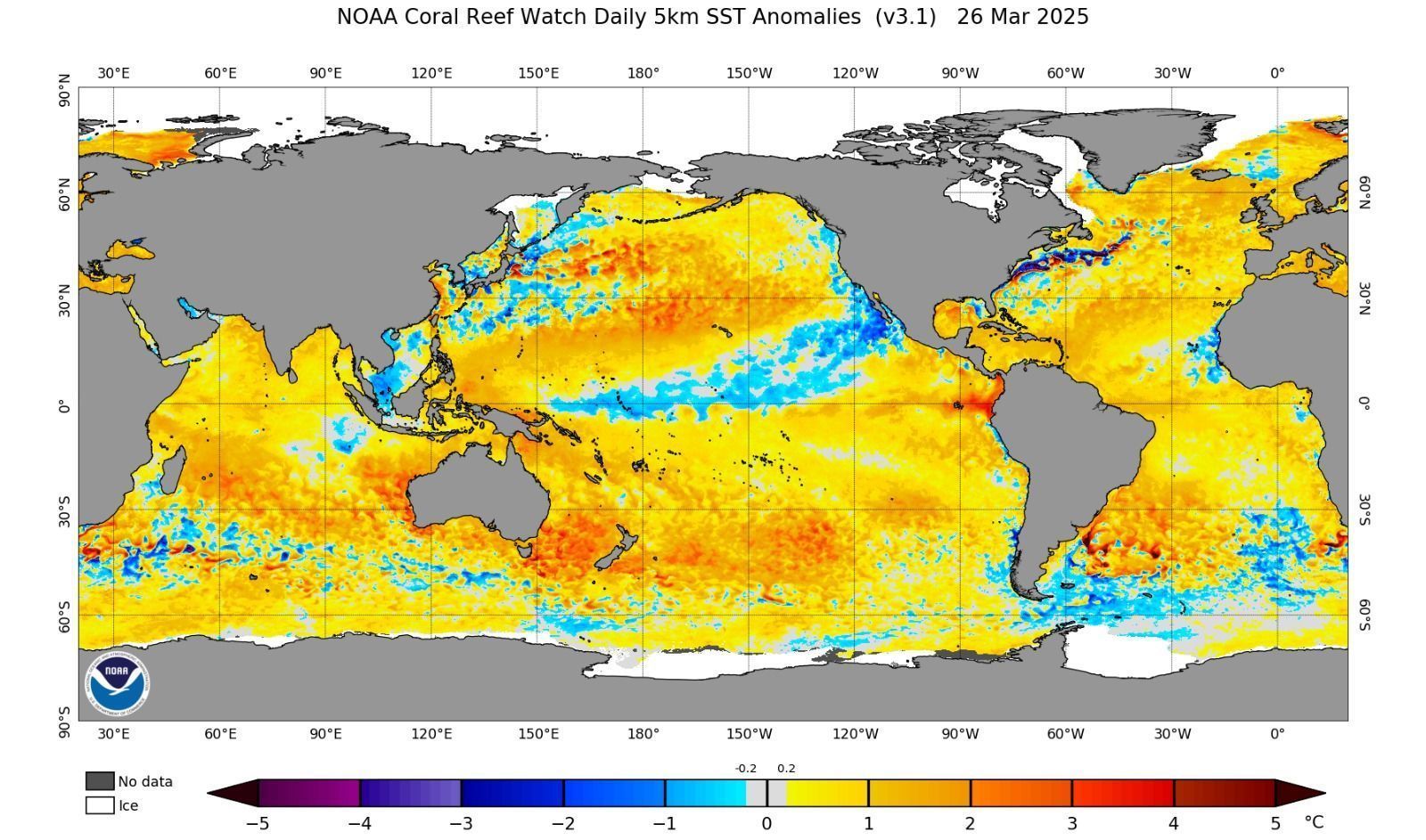 Mapa mostra a temperatura do oceano desta quarta-feira (26) • Reprodução/Tempo OK