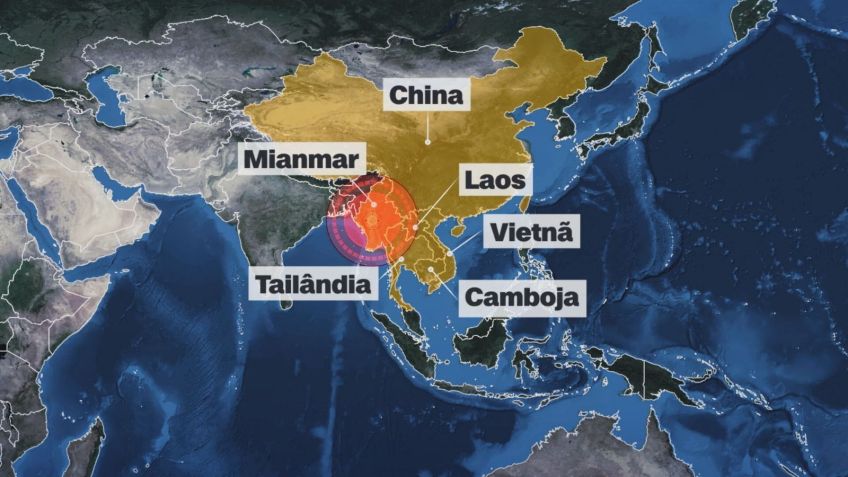 Mapa mostra Sudoeste Asiático onde ocorreu o epicentro do terremoto em Mianmar, atingindo a Tailândia. • CNN Brasil