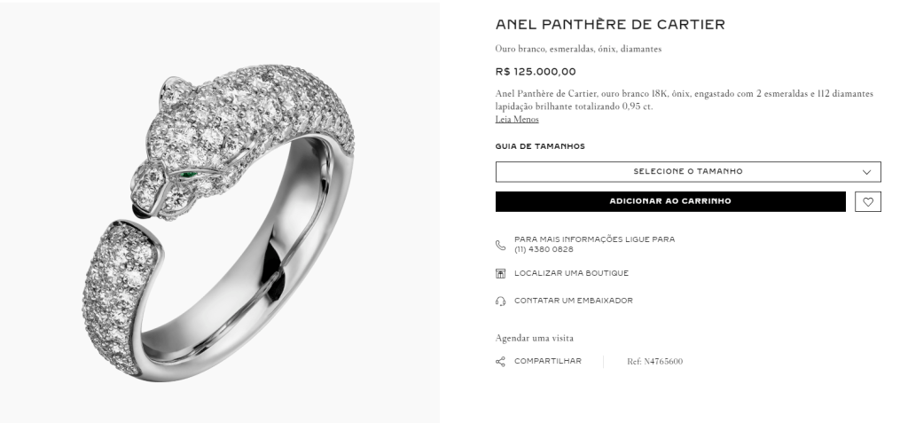 Anel Panthère de Cartier é composto por ouro branco, esmeraldas, ónix, diamantes • Reprodução