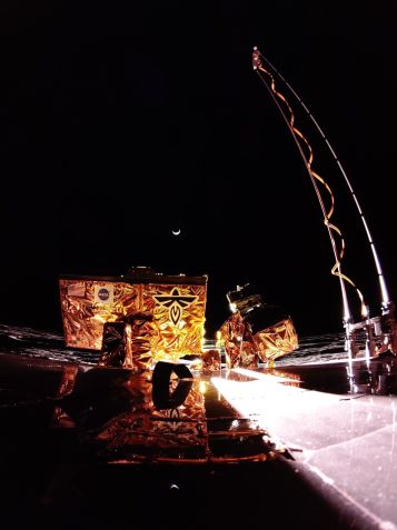 Esta imagem foi capturada pelo módulo de pouso Blue Ghost da Firefly durante o pôr do Sol lunar, com a Terra visível como um crescente no horizonte • Firefly Aerospace