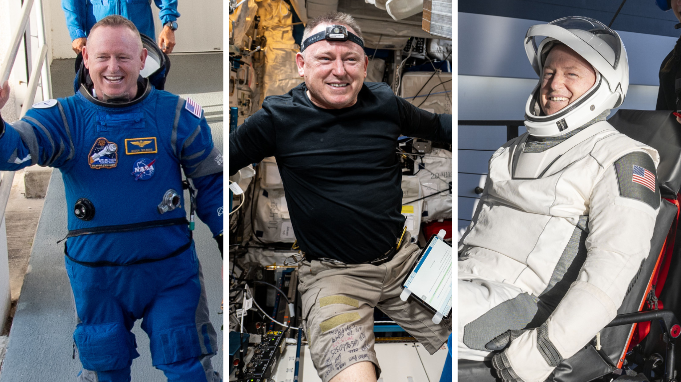 Astronauta Butch Wilmore em junho de 2024, dezembro de 2024 e março de 2025, respectivamente • Foto 1: Nasa/Joel Kowsky | Foto 2: Nasa | Foto 3: Nasa/Keegan Barber