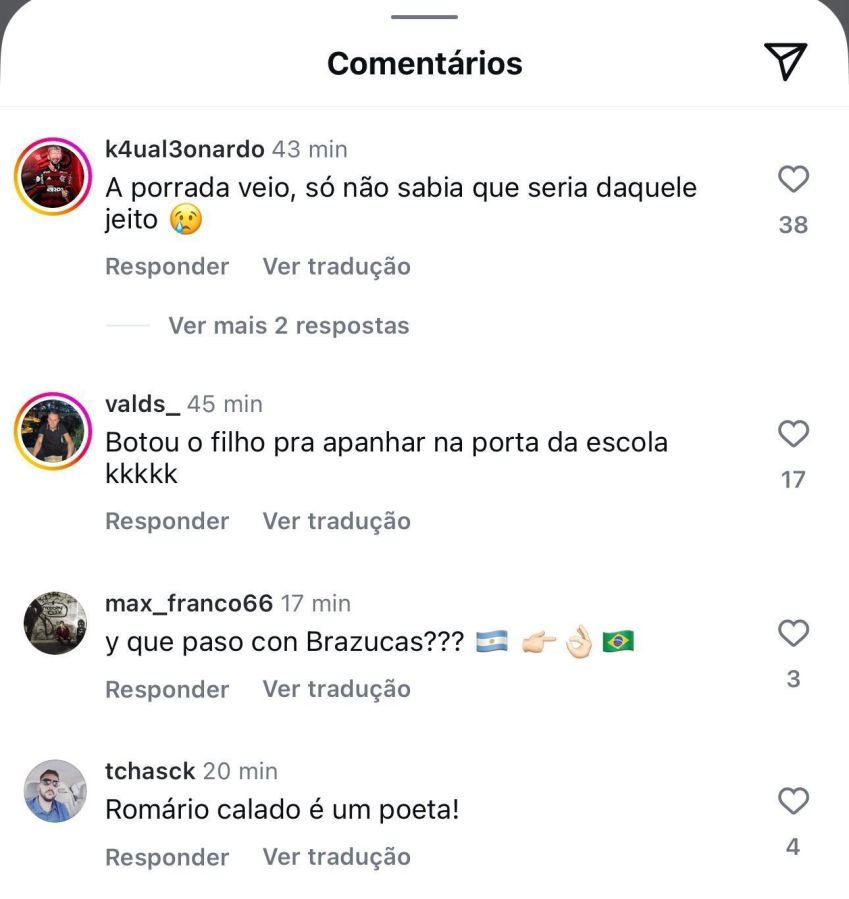 Argentinos invadiram postagem de Romário no Instagram • Reprodução/Instagram