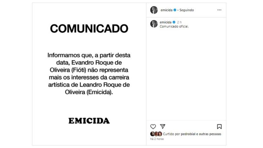 Comunicado disponível na rede social de Emicida sorbe o fim da parceria com Fióti • Instagram/Emicida