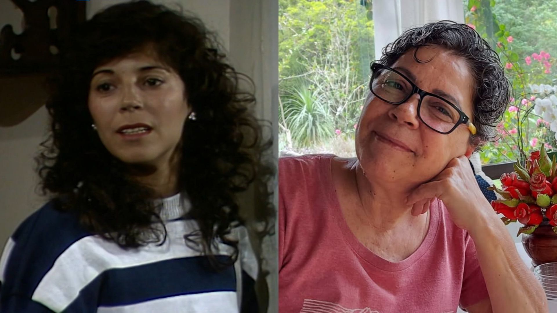 Cristina Galvão como Íris na versão original de "Vale Tudo" e hoje em dia • Reprodução/Globoplay e Instagram/Cristina Galvão