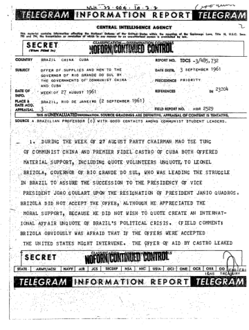 Trecho de documento da CIA sobre oferta de ajuda de China e Cuba para Leonel Brizola • Dibulgação/Arquivo Nacional dos EUA