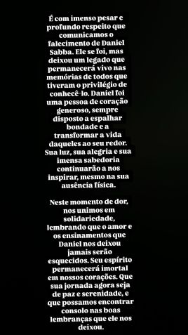 Nota publicada no Instagram de Daniel Sabbá informando a morte do ator • Instagram/Daniel Sabbá