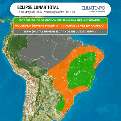 Mapa de visibilidade do céu noturno em relação à presença de nuvens durante o eclipse total da Lua nesta madrugada • Climatempo