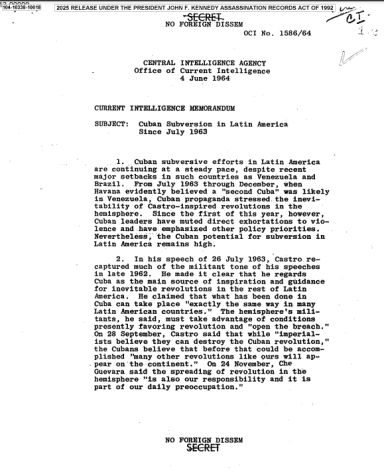 Documento dos Estados Unidos aponta para "ações subversivas de Cuba" no Brasil • Dibulgação/Arquivo Nacional dos EUA