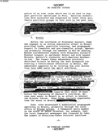 Documento dos Estados Unidos aponta para "ações subversivas de Cuba" no Brasil • Dibulgação/Arquivo Nacional dos EUA