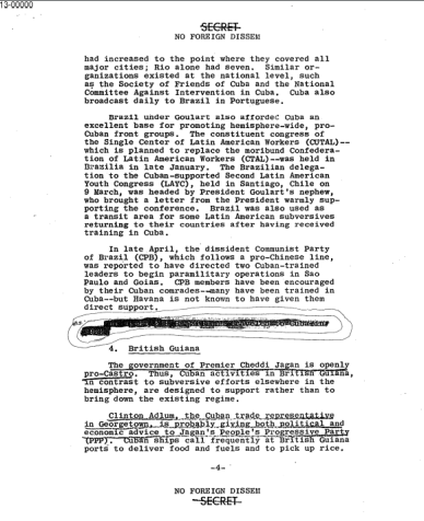 Documento dos Estados Unidos aponta para "ações subversivas de Cuba" no Brasil • Dibulgação/Arquivo Nacional dos EUA