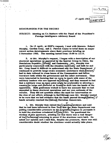 Documento da CIA de 1963 diz que conselheiros de John F Kennedy achavam "preferível" um golpe militar no Brasil • Divulgação/Governo dos Estados Unidos