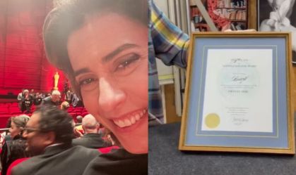 Fernanda Torres mostra "diploma" e envelope do Oscar de "Ainda Estou Aqui"