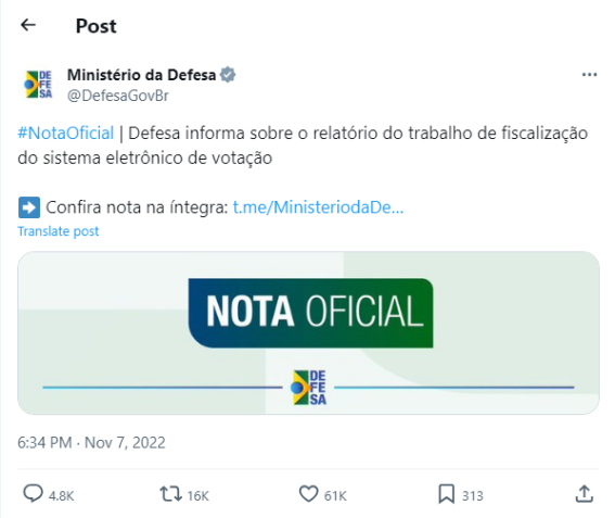 Publicação feita pelo Ministério da Defesa em 7 de novembro de 2022 • X/Reprodução