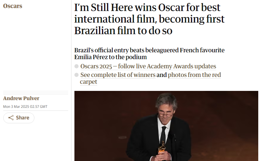 The Guardian repercute Oscar de "Ainda Estou Aqui" • Reprodução