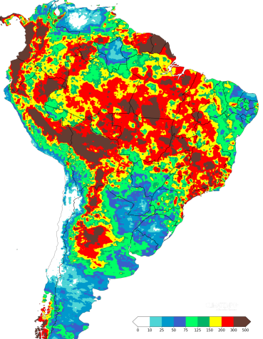 Mapa de chuva registrado no Brasil entre 21 de dezembro de 2024 e 31 de janeiro de 2025. • Reprodução/Climatempo