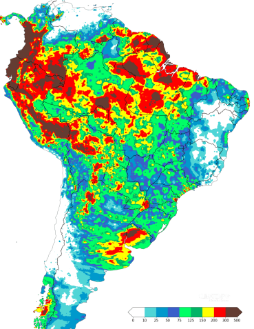 Mapa de chuva registrado no Brasil entre 01 de fevereiro de 2025 e 28 de fevereiro de 2025. • Reprodução/Climatempo