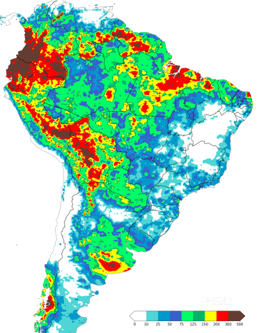 Mapa de chuva registrado no Brasil entre 01 de março de 2025 e 19 de março de 2025. • Reprodução/Climatempo