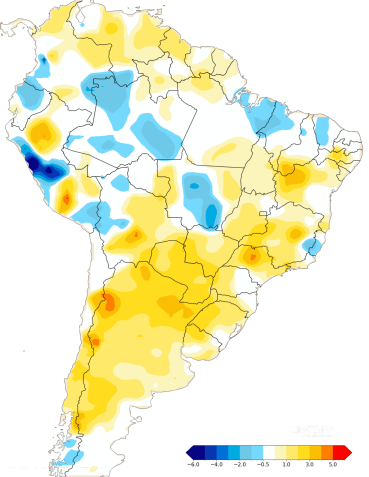 Mapa de anomalia de temperatura (diferença da média) entre 21 de dezembro de 2024 e 19 de março de 2025. • Reprodução/Climatempo