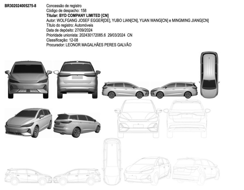 BYD M6 aparece nos registro do Instituto Nacional de Propriedade Intelectual • Inpi/Reprodução