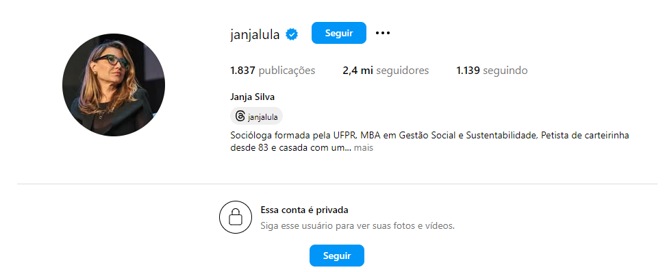 Conta de Janja privada no Instagram • Reprodução/Instagram