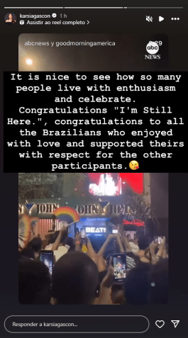 Karla Sofía Gascón compartilha vídeo de brasileiros celebrando o Oscar e parabeniza "Ainda Estou Aqui" • Instagram/ Karla Sofía Gascón