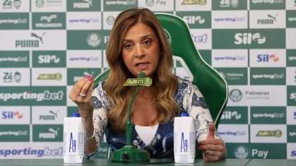 Leila Pereira em coletiva do Palmeiras