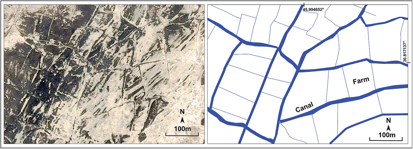 Exemplo de fazendas intensivas e canais de irrigação na região de Eridu: à esquerda) imagem de satélite Digital Globe de alta resolução tirada em 2006; à direita) os canais e fazendas reconstruídos • Cambridge University Press