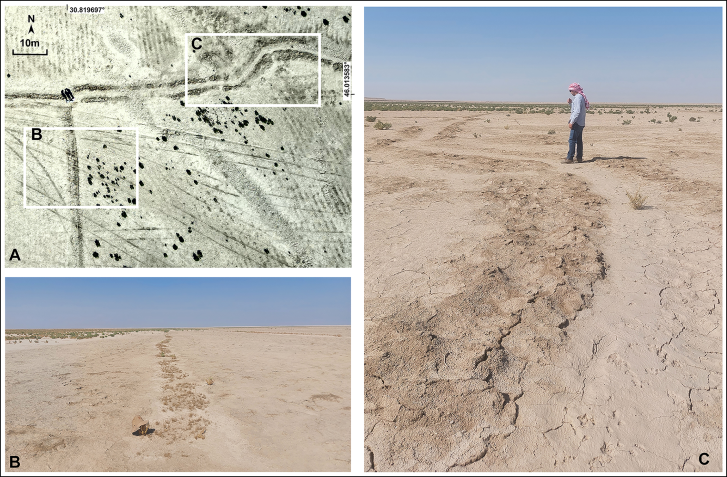 Verificação do trabalho de sensoriamento remoto: A) imagens de drones mostram dois pequenos canais de irrigação; B e C) fotografias dos dois pequenos canais • Cambridge University Press