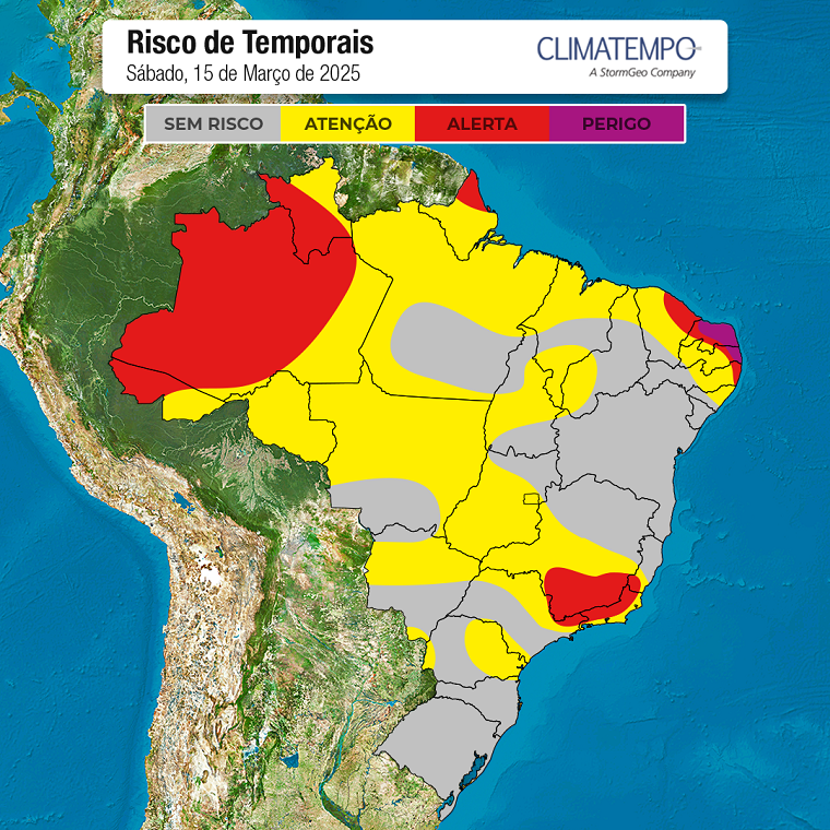 Áreas em alerta para tempestade neste sábado (15 de março) • Climatempo