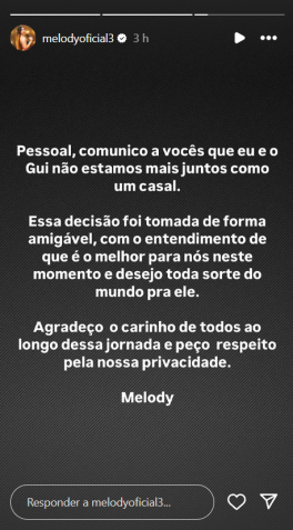 MC Melody anuncia fim do namoro com Guilherme Stábile • Reprodução/Instagram