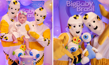 Ex-BBBs Andressa e Nasser celebram 6 meses da filha fantasiados de Dummies
