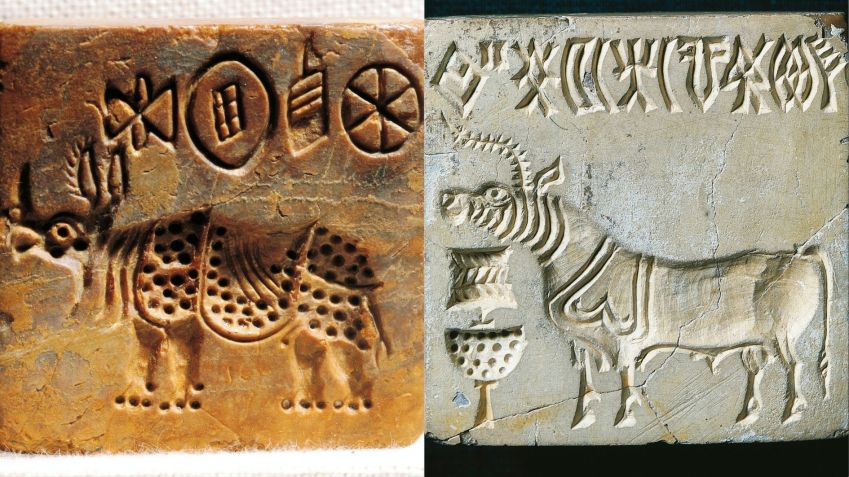 Um selo de pedra com a inscrição do Vale do Indo representando um rinoceronte indiano, encontrado em Mohenjo-daro. Muitos selos tinham esse motivo comum, frequentemente descrito como um unicórnio, embora outros afirmem que era um touro • Getty Images