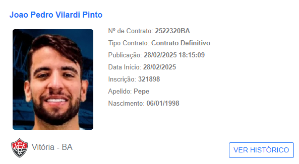 Pepê aparece no BID com contrato definitivo com o Vitória. • Foto: Reprodução/BID