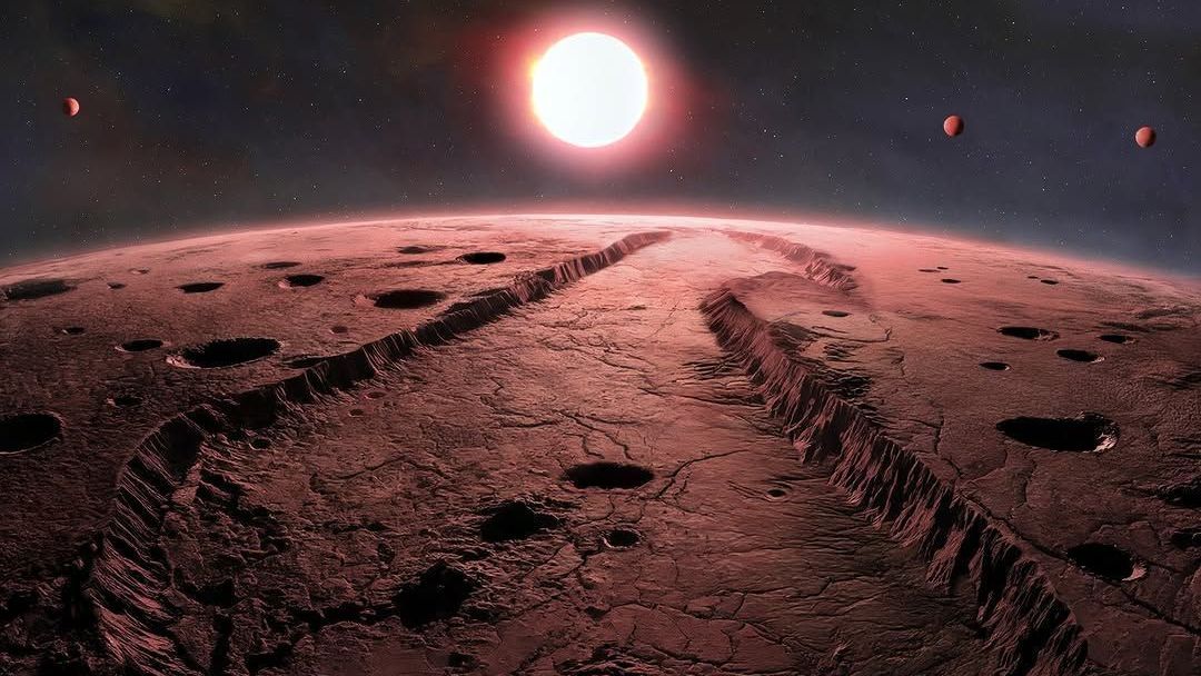 Quatro pequenos planetas rochosos detectados em órbita da Estrela de Barnard, o sistema estelar único mais próximo do nosso sistema solar, são vistos nesta ilustração