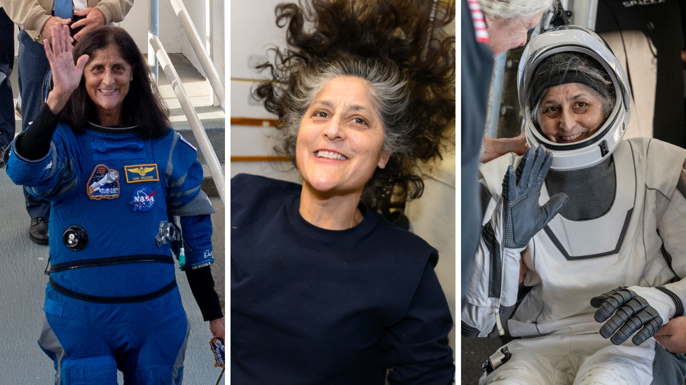 Astronauta Sunita Williams em junho de 2024, novembro de 2024 e março de 2025, respectivamente • Foto 1: Nasa/Joel Kowsky | Foto 2: Nasa | Foto 3: Nasa/Keegan Barber