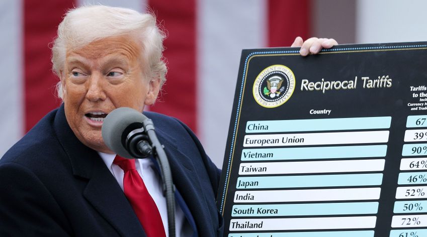 Trump segura placa com os países que receberam tarifas recíprocas. • Reprodução
