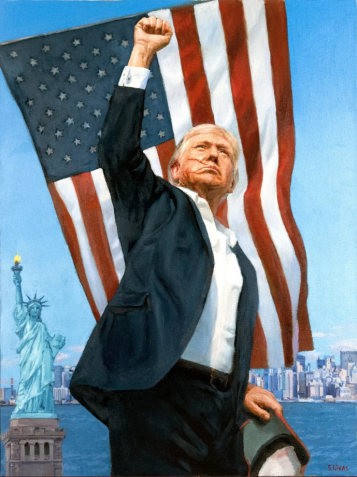 A obra de arte encomendada pelo Kremlin a Nikas Safronov mostra Trump levantando o punho no palco após a tentativa frustrada de assassinato em seu comício em Butler, Pensilvânia, em julho de 2024. • Divulgação / Nikas Safronov