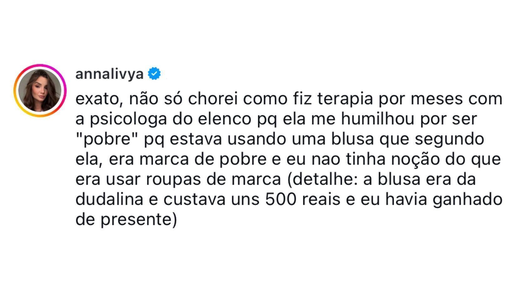 Comentário de Anna Lyvia sobre Júlia Gomes • Reprodução/ Redes Sociais