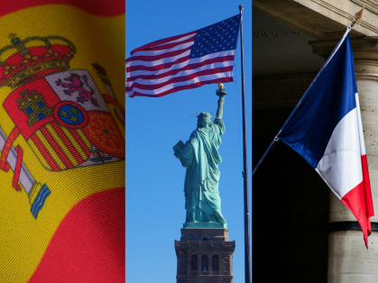 Bandeiras da Espanha, EUA e França