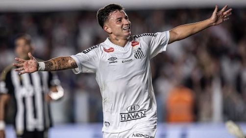 Em noite marcada por lesão de Neymar, Barreal comemora gol do Santos contra o Atlético-MG pelo Brasileirão