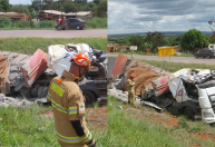 Motorista fica ferido após carreta com cimento tombar na BR-080, no DF