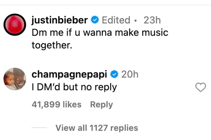 Drake comenta em publicação de Justin Bieber: "Sem Resposta" • Reprodução/Instagram