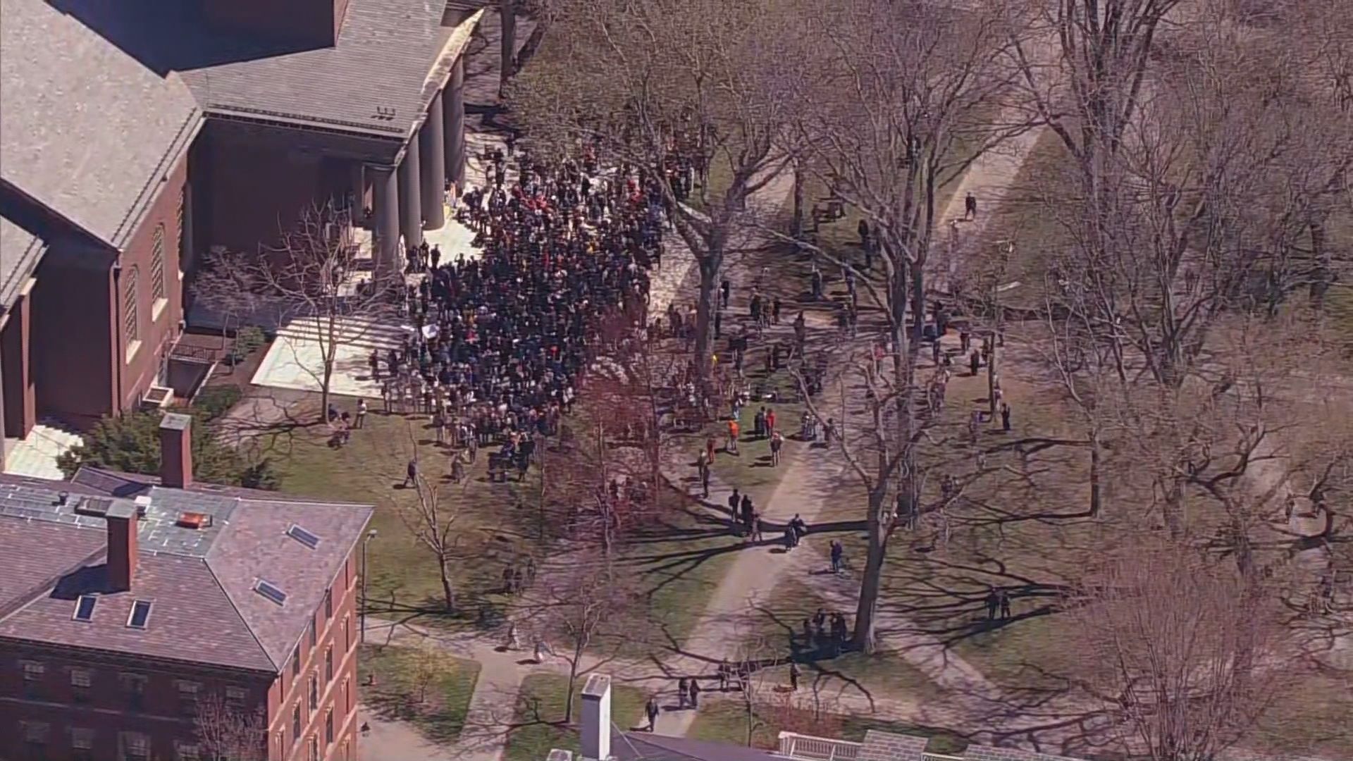 Imagens aéreas dos protestos em Harvard contra exigências governo Trump.