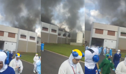 Incêndio de grandes proporções atinge fábrica de alimentos em Uberlândia