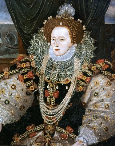 Rainha Elizabeth I retratada com a testa alta. Versão do retrato da Armada atribuída a George Gower, c. 1588 • Ann Ronan Pictures/Print Collector/Getty Images