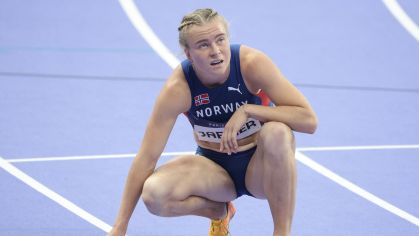 Henriette Jæger, atleta norueguesa de atletismo, em prova das Olimpíadas de Paris 2024