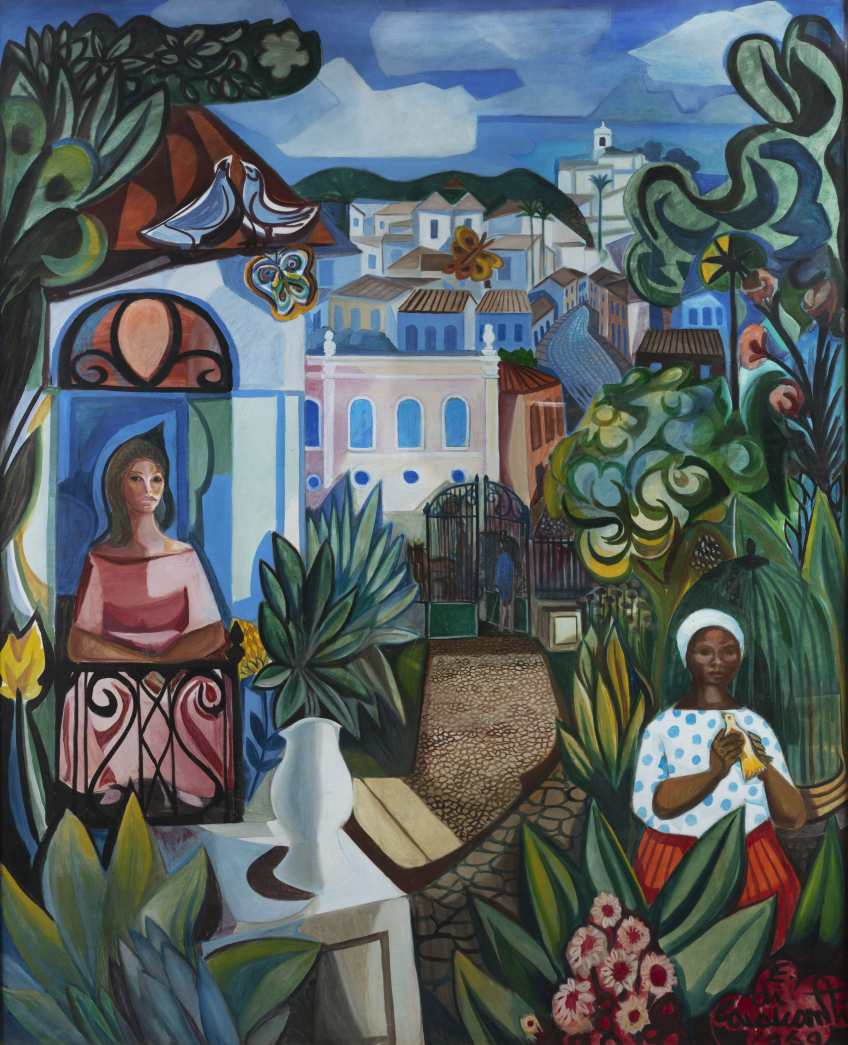 Pintura reúne motivos que atravessaram toda a sua produção, como a flora da Mata Atlântica, representações da figura feminina brasileira e referências a bairros icônicos do Rio de Janeiro, como a Lapa e Santa Teres • Galatea